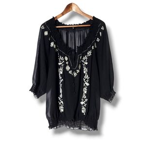 Unique Spectrum Sheer Embroidered Blouson Peasant Style Top | 2X